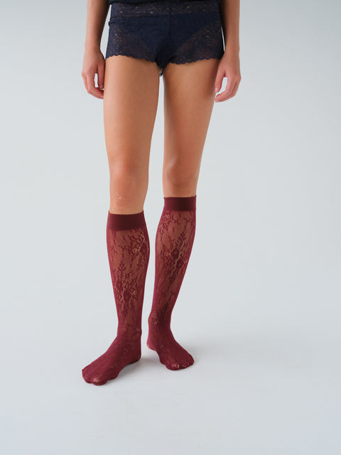 Rosa Lace Knee-Highs Deep Red