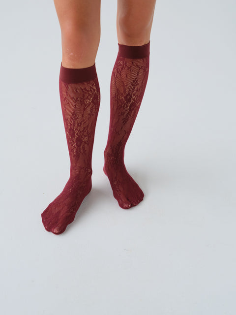 Rosa Lace Knee-Highs Deep Red