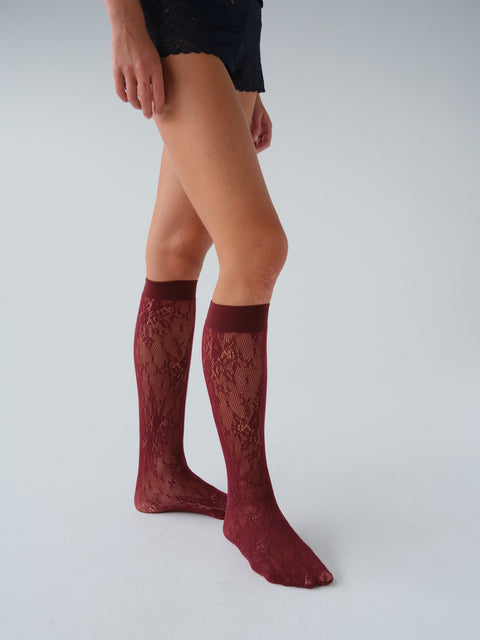Rosa Lace Knee-Highs Deep Red